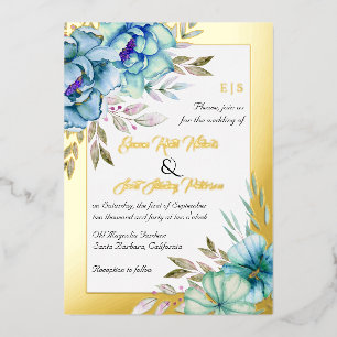 Blue watercolor flowers floral wedding gold foil invitation