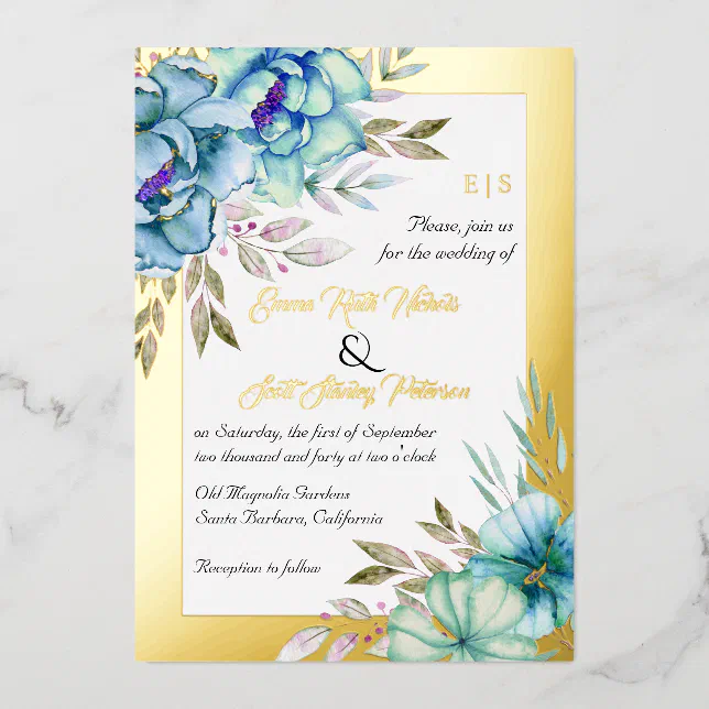 Blue watercolor flowers floral wedding gold foil invitation | Zazzle