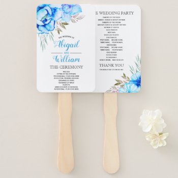 Blue Watercolor Flowers Floral Wedding Program Hand Fan by weddings_ at Zazzle