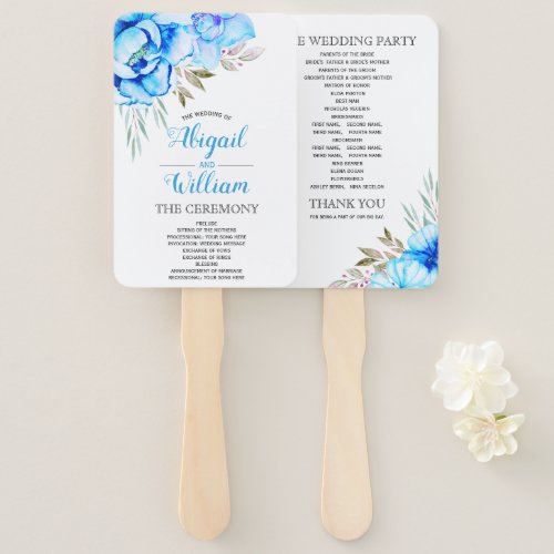 Blue watercolor flowers floral wedding program hand fan