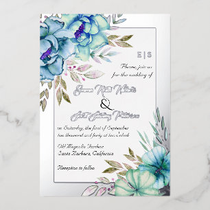 Blue watercolor flowers floral wedding silver foil invitation