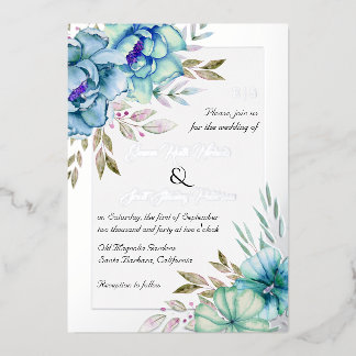 Blue watercolor flowers floral wedding silver foil invitation