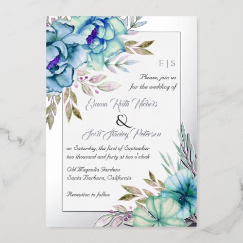 Blue watercolor flowers floral wedding silver foil invitation