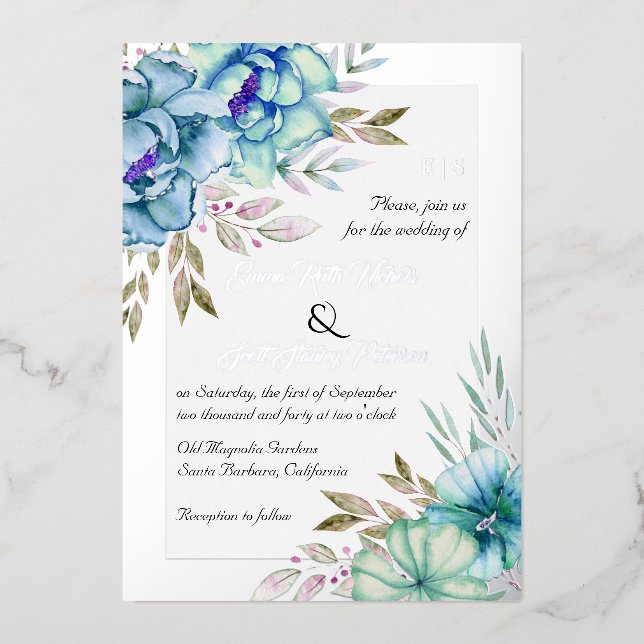 Blue watercolor flowers floral wedding silver foil invitation (Front)