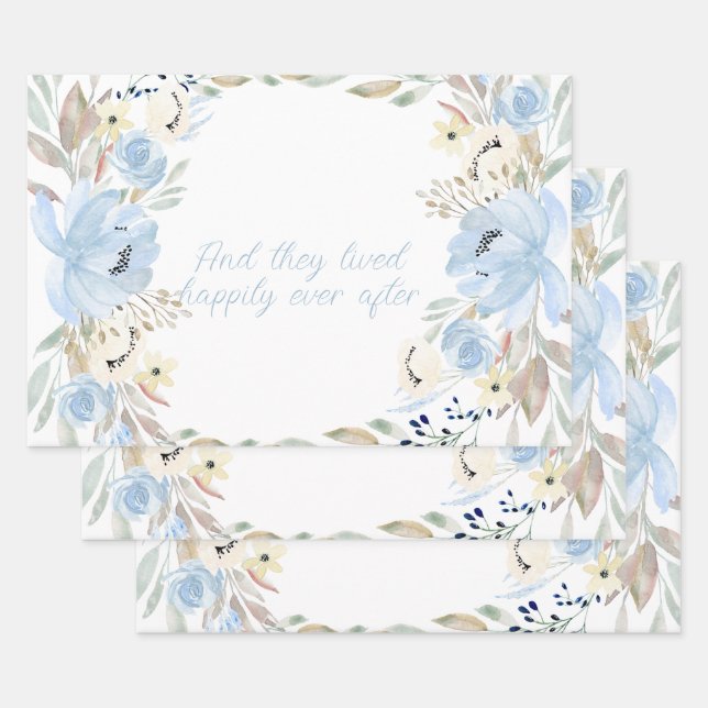 Blue Watercolor Flowers Frame Personalized  Wrapping Paper Sheets (Set)
