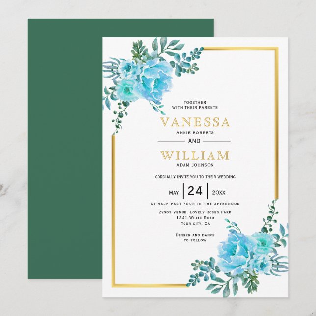 Blue watercolor flowers, gold frame floral wedding invitation (Front/Back)