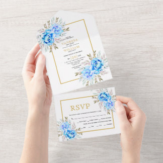 Blue watercolor flowers gold frame wedding all in one invitation