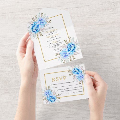 Blue watercolor flowers gold frame wedding    all in one invitation