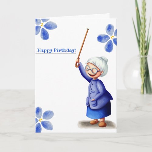 Blue watercolor flowers grandma with cane birthday card