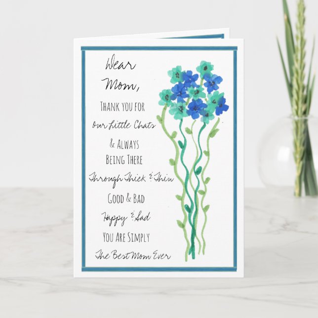 Blue Watercolor Flowers Happy Birthday Mom Card (Front)