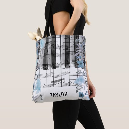 blue watercolor flowers music notes piano tote bag