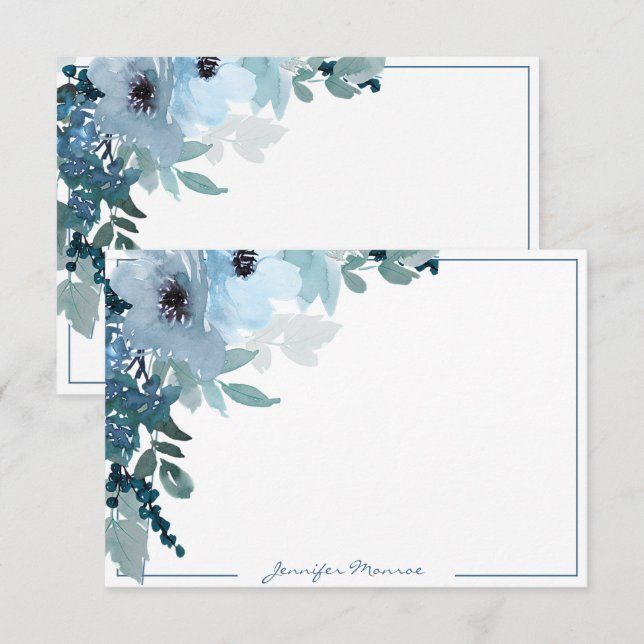 Blue watercolor flowers personalized note card (Front/Back)