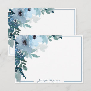 Blue watercolor flowers personalized note card