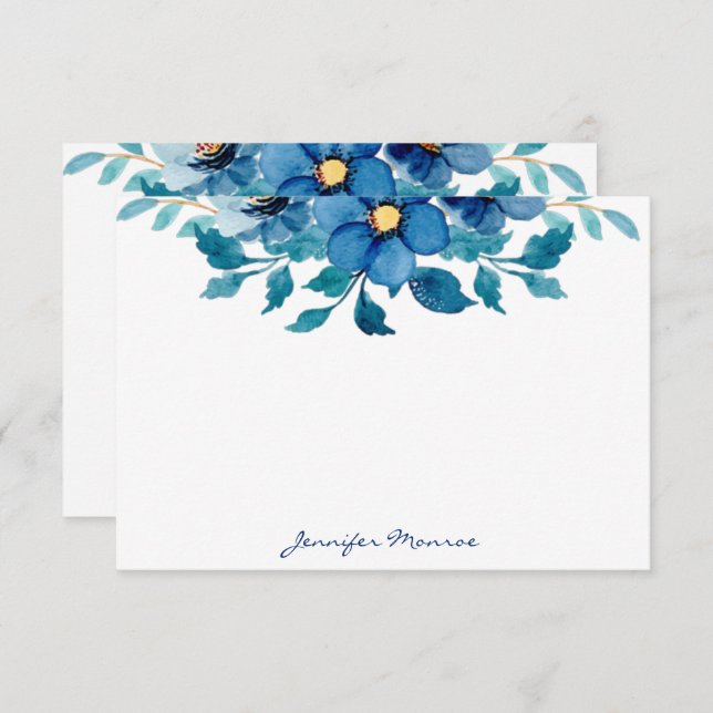 Blue watercolor flowers personalized note card (Front/Back)