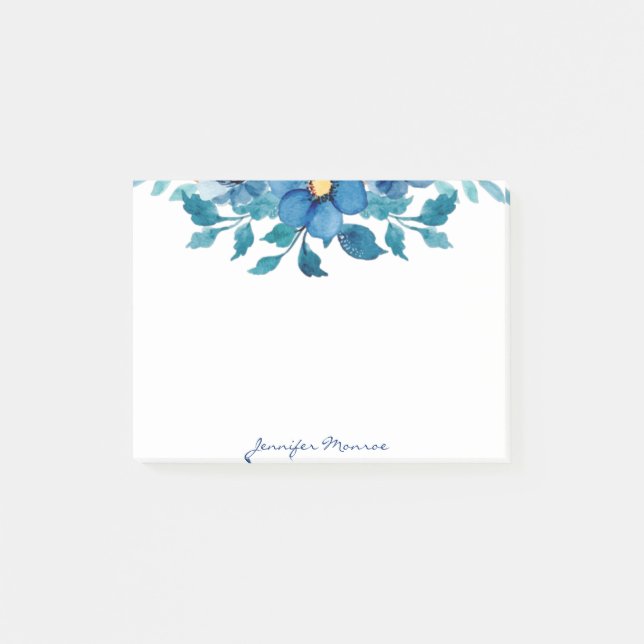 Blue watercolor flowers personalized post-it notes (Front)