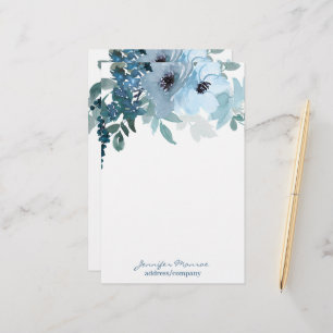 Blue watercolor flowers personalized stationery