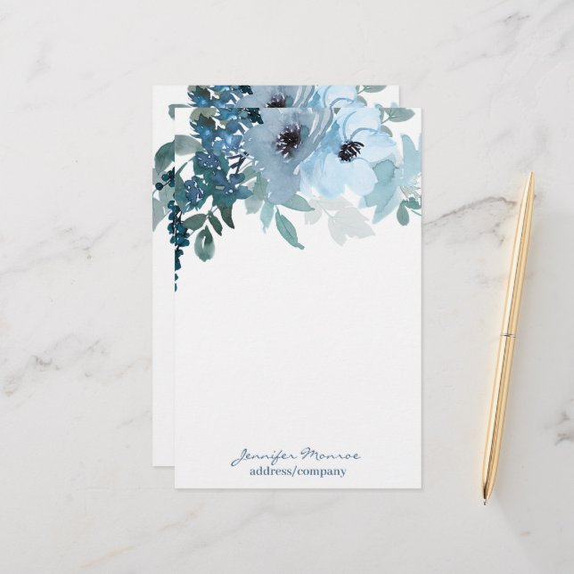 Blue watercolor flowers personalized stationery (Front/Back In Situ)
