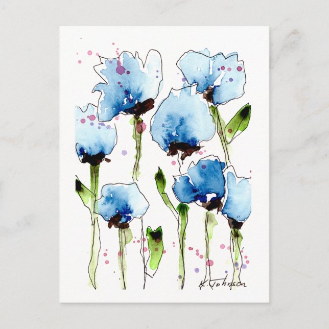 Blue Watercolor Flowers Postcard (Front)