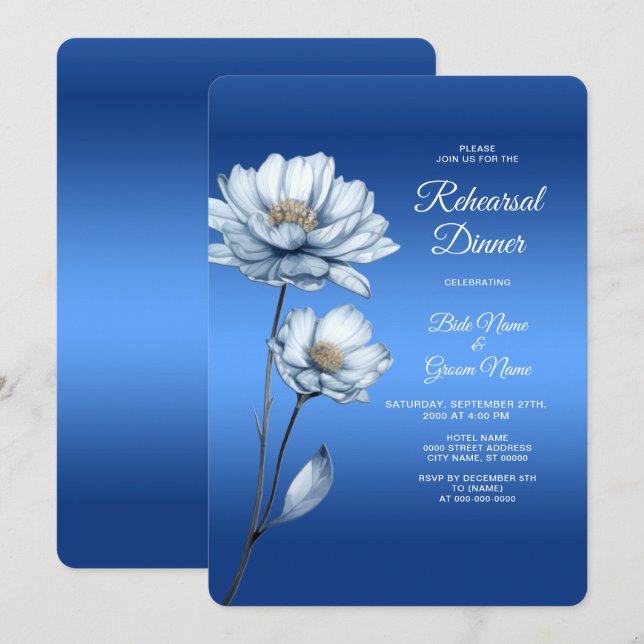 Blue Watercolor Flowers Rehearsal Dinner Invitation (Front/Back)