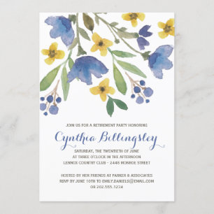 Blue Watercolor Flowers Retirement Party Invitation