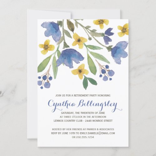 Blue Watercolor Flowers  Retirement Party Invitation