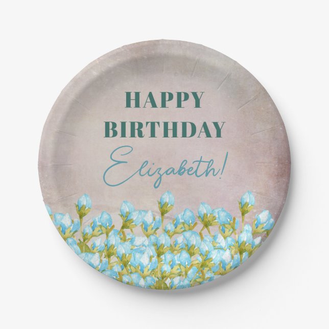 Blue Watercolor Flowers Rustic Background Paper Plates (Front)