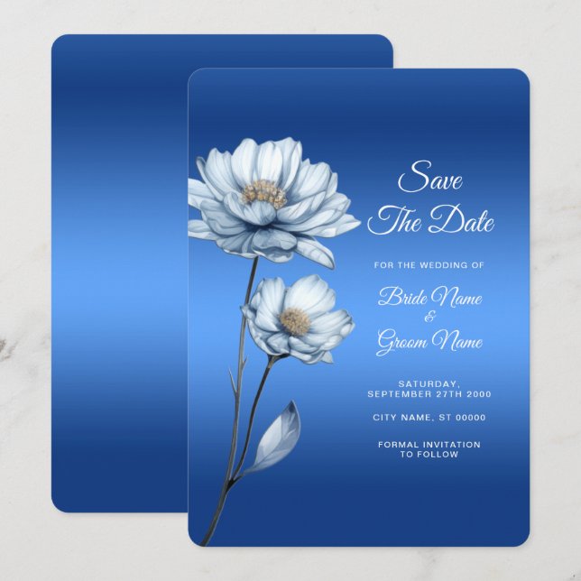 Blue Watercolor Flowers Save The Date (Front/Back)