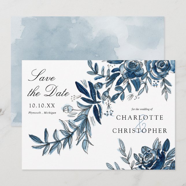 blue watercolor flowers save the date invitation (Front/Back)