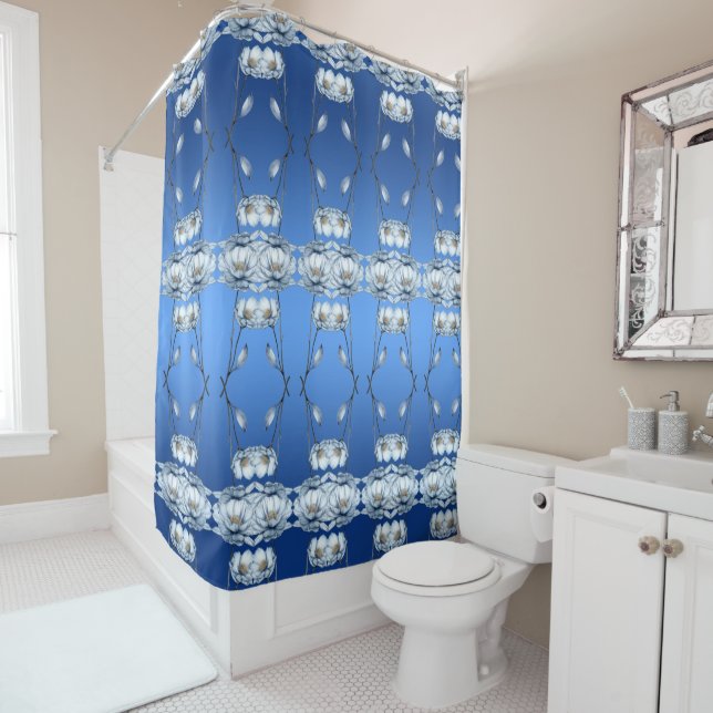 Blue Watercolor Flowers Shower Curtain (In Situ)
