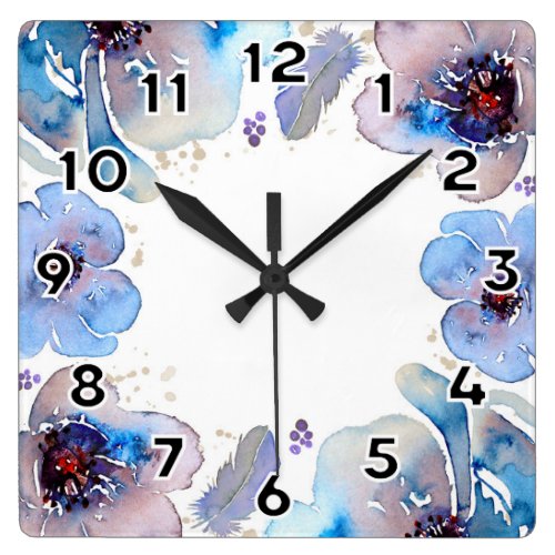 Blue Watercolor Flowers Square Wall Clock - Floral blue watercolors clock