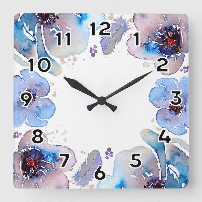 Blue Watercolor Flowers Square Wall Clock (Front)