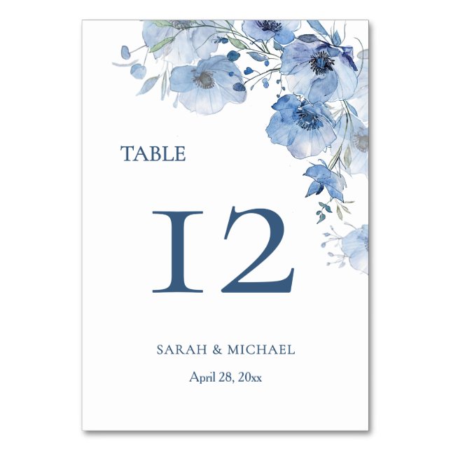Blue Watercolor Flowers  Table Number (Front)