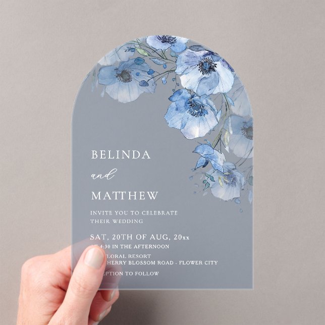 Blue Watercolor Flowers Transparent Casual Wedding Acrylic Invitations (Insitu (Handheld))