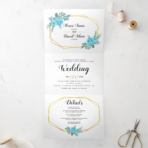 Blue watercolor flowers typography floral wedding Tri_Fold invitation