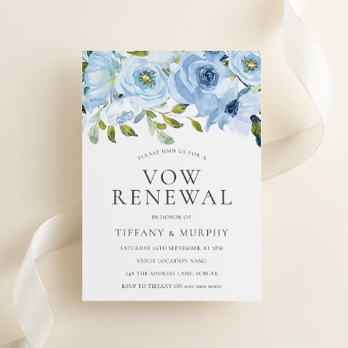 Blue Watercolor Flowers Vow Renewal Anniversary Invitation