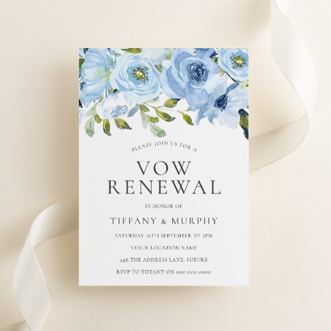 Blue Watercolor Flowers Vow Renewal Anniversary Invitation (Creator Uploaded)