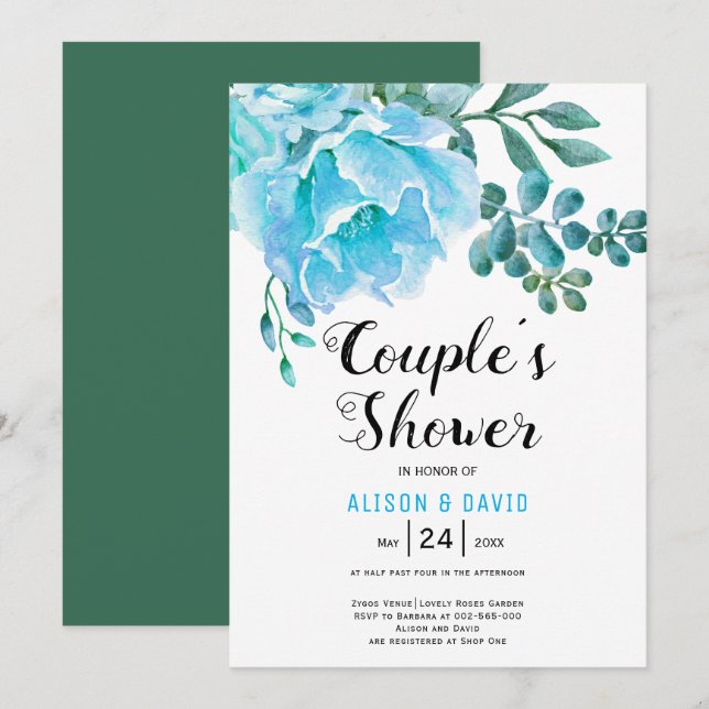 Blue Watercolor flowers wedding couples shower Invitation (Front/Back)