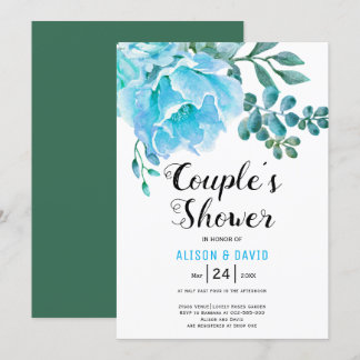 Blue Watercolor flowers wedding couples shower Invitation