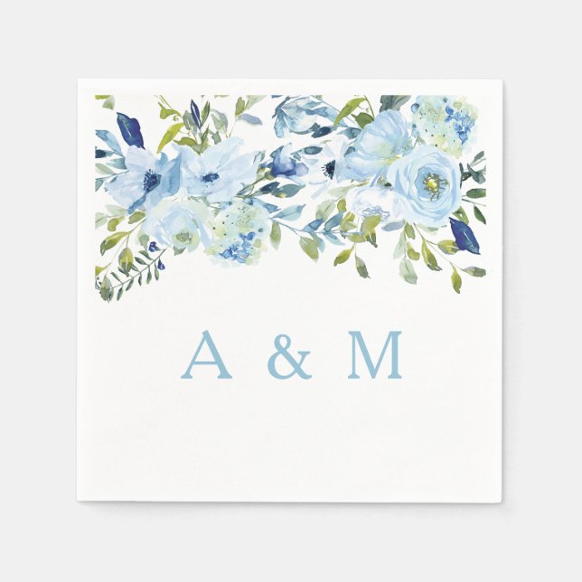 Blue Watercolor Flowers Wedding Engagement Napkins (Front)