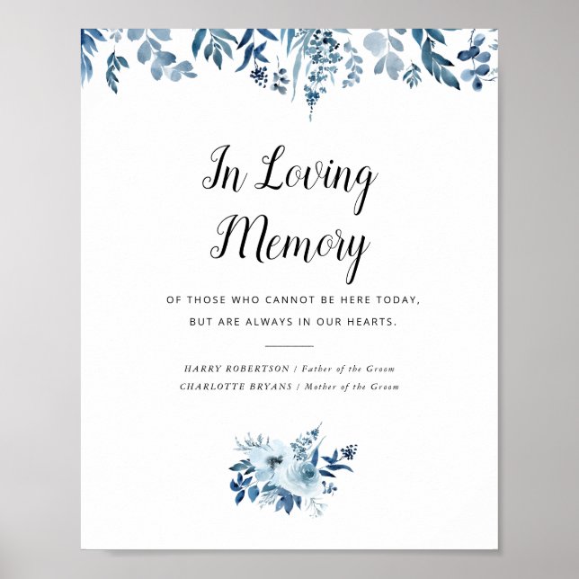 blue watercolor flowers wedding memorial sign (Front)