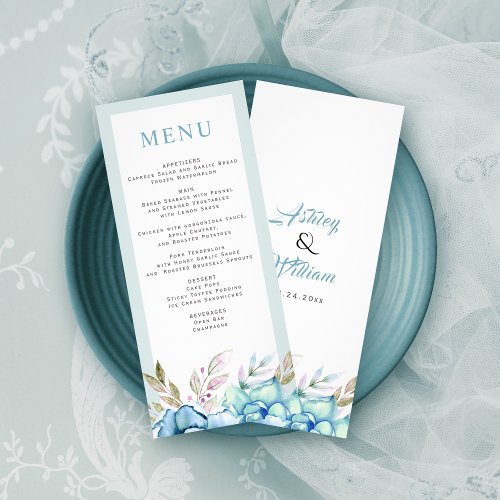 Blue watercolor flowers wedding menu card