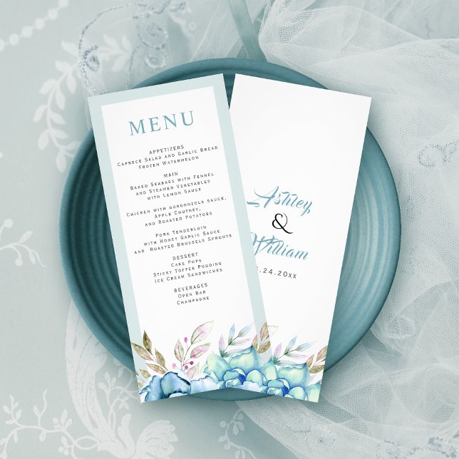 Blue watercolor flowers wedding menu card (Creator Uploaded)