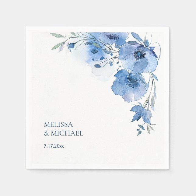 Blue Watercolor Flowers Wedding Napkins (Front)