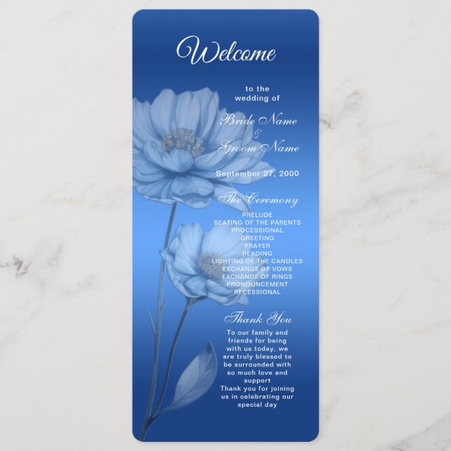 Blue Watercolor Flowers Wedding Program (Front)
