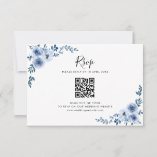 blue watercolor flowers wedding QR code RSVP card