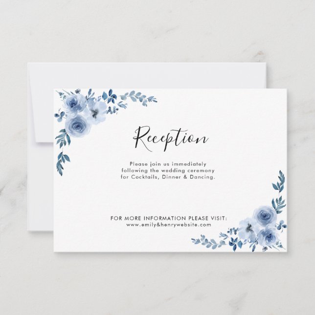 blue watercolor flowers wedding reception card (Front)