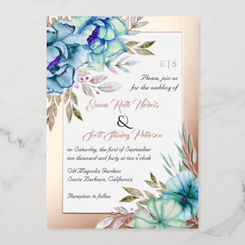 Blue watercolor flowers wedding rose gold foil foil invitation