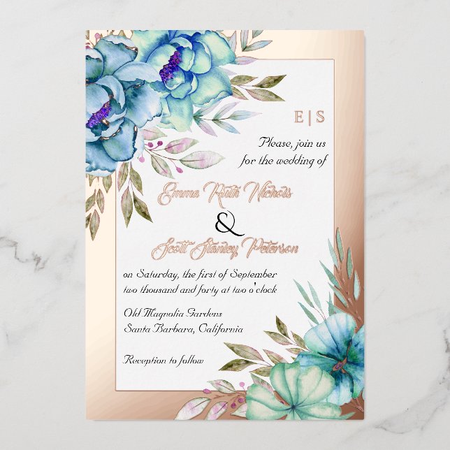 Blue watercolor flowers wedding rose gold foil foil invitation (Front)