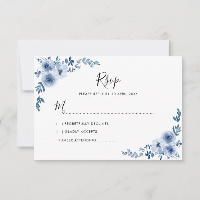 blue watercolor flowers wedding RSVP card (Front)