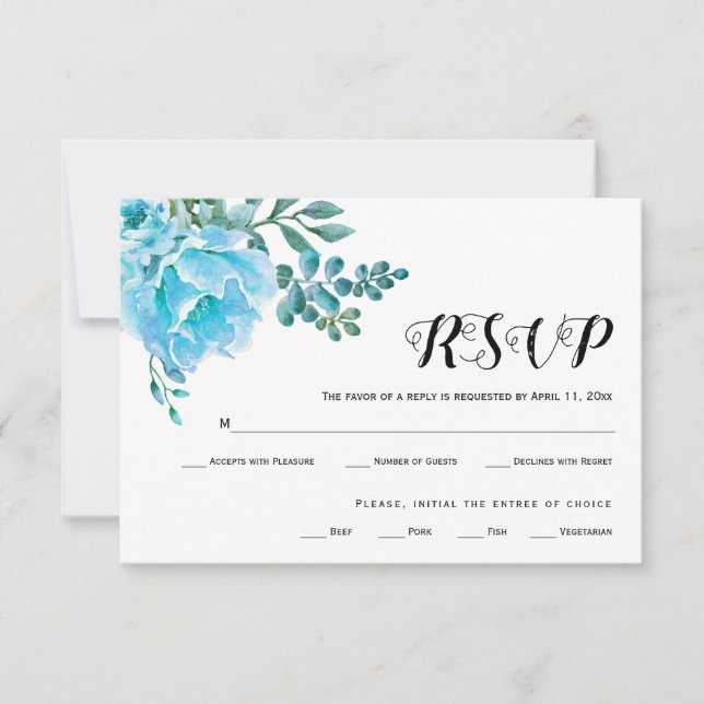 Blue watercolor flowers wedding RSVP card (Front)